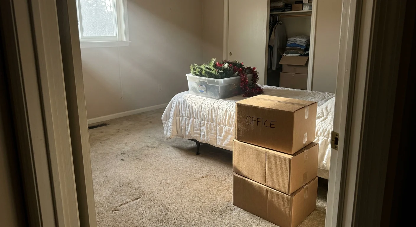 An unused spare bedroom filled with storage boxes and seasonal bins, captured in a candid documentary style.