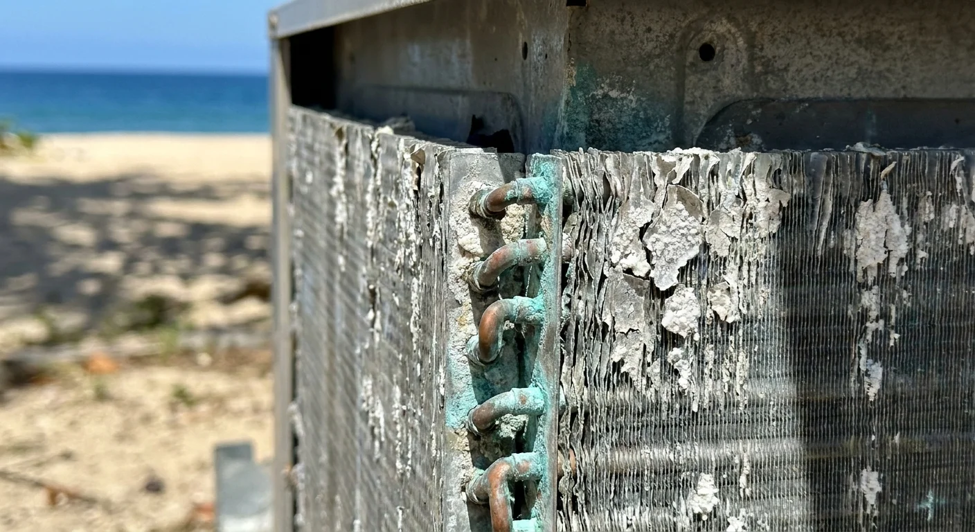Close-up of a corroded air conditioning unit showing white salt deposits and green oxidation on metal fins.