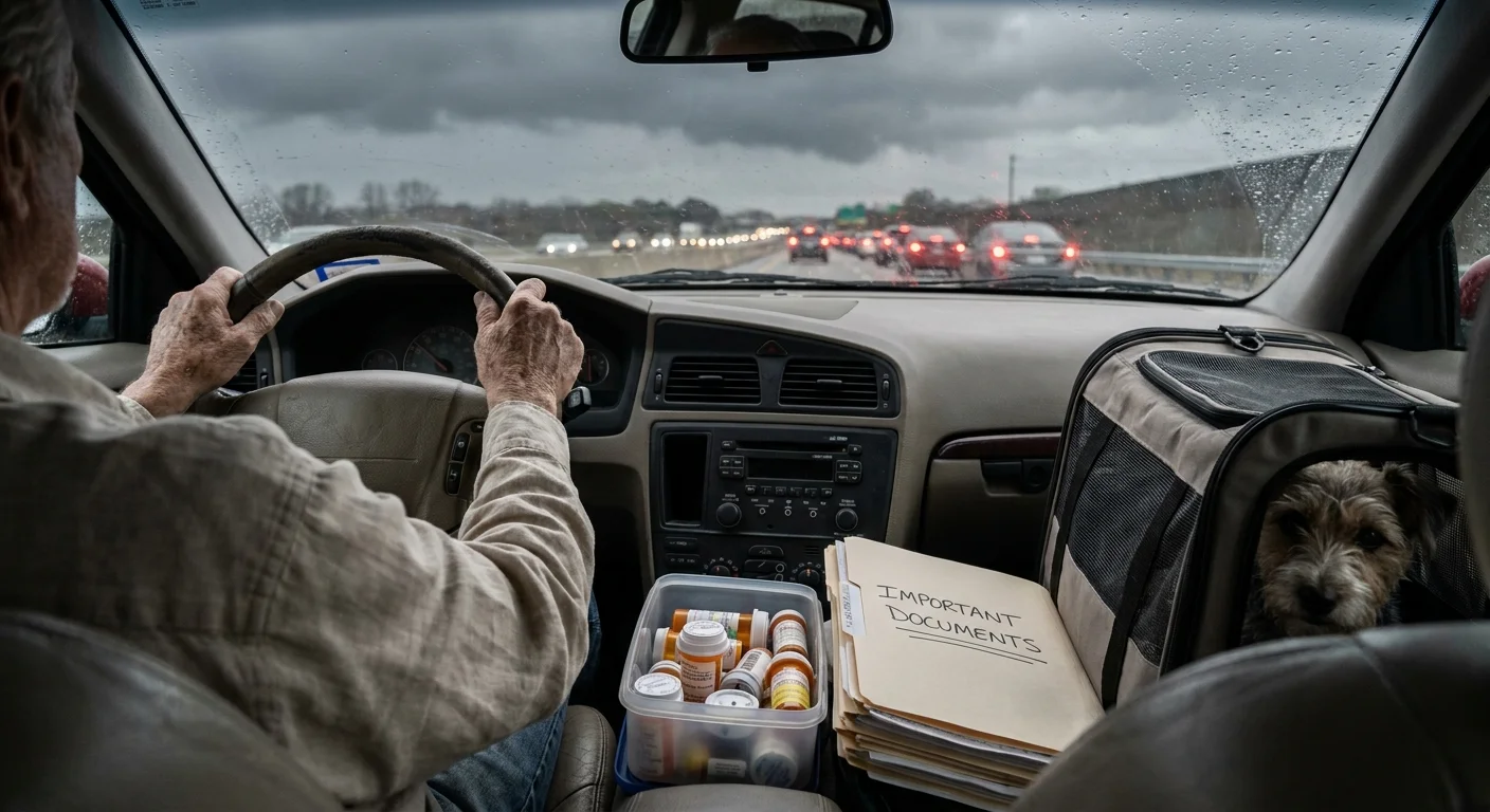 Close-up of a senior's hands on a steering wheel in a car packed with medications and documents during an evacuation traffic jam.
