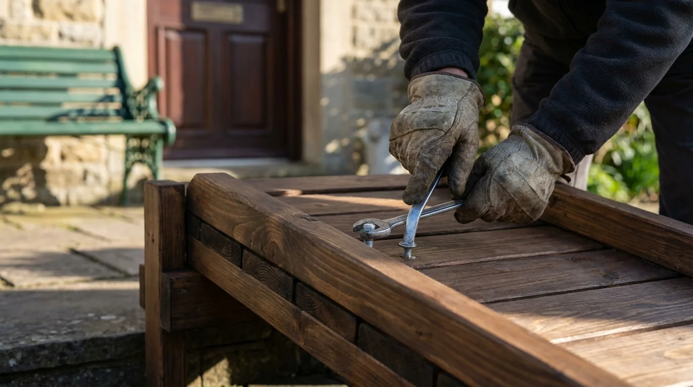 Close-up of hands installing a wooden ramp at a home entrance, signifying aging in place through home modification.
