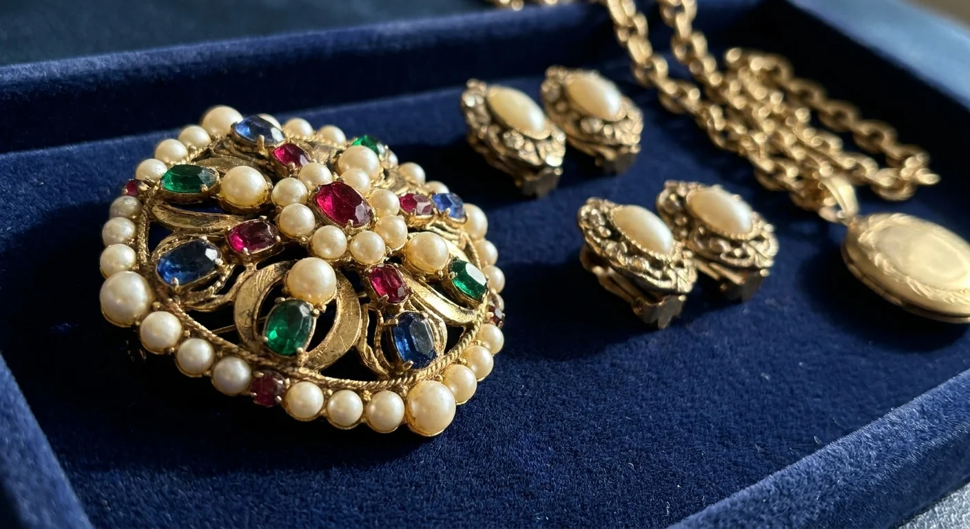 Close-up of ornate vintage gold-tone costume jewelry with pearls on a navy velvet display tray.