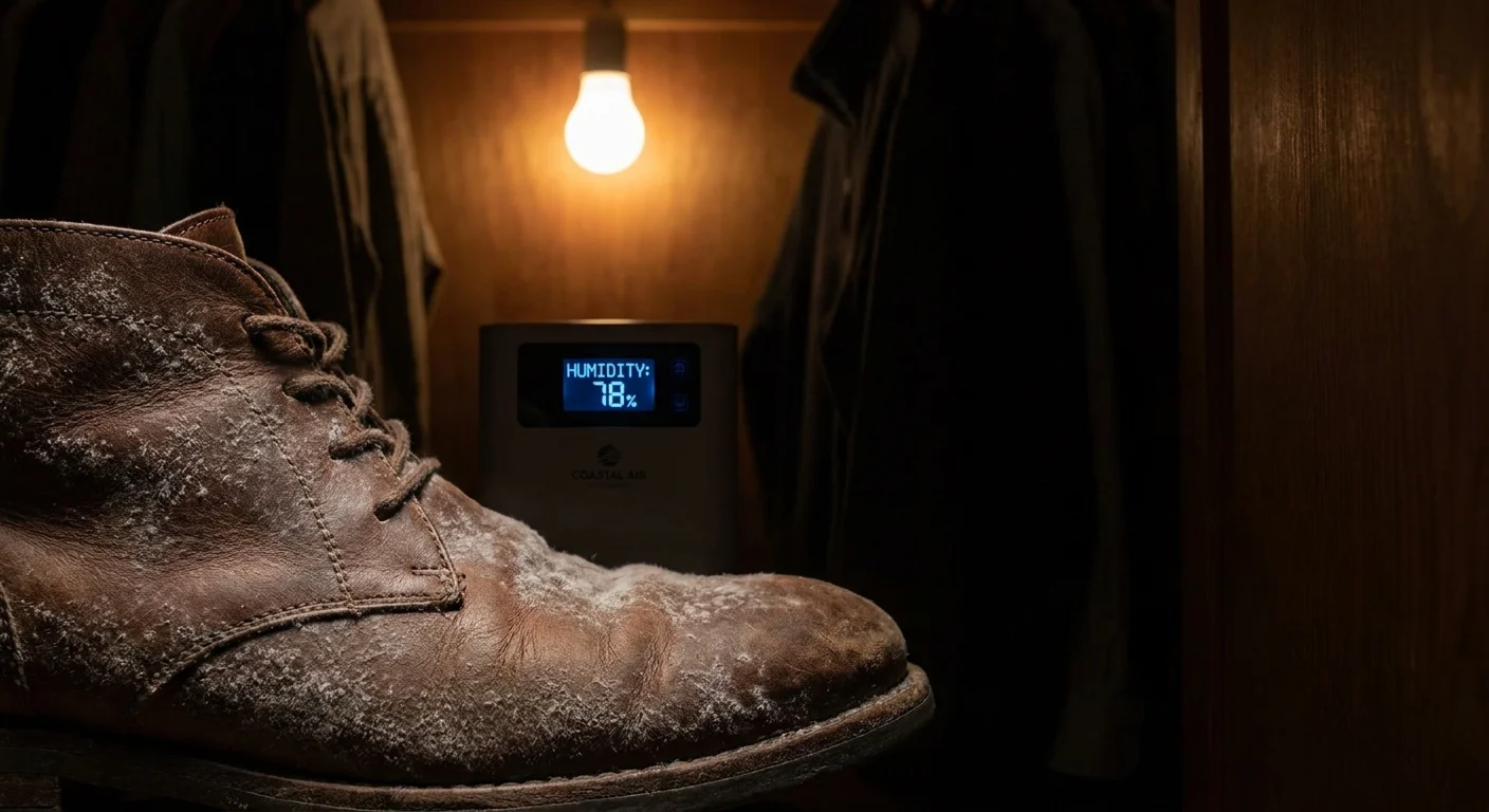 Close-up of white mildew growing on a leather shoe inside a closet with a dehumidifier in the background.