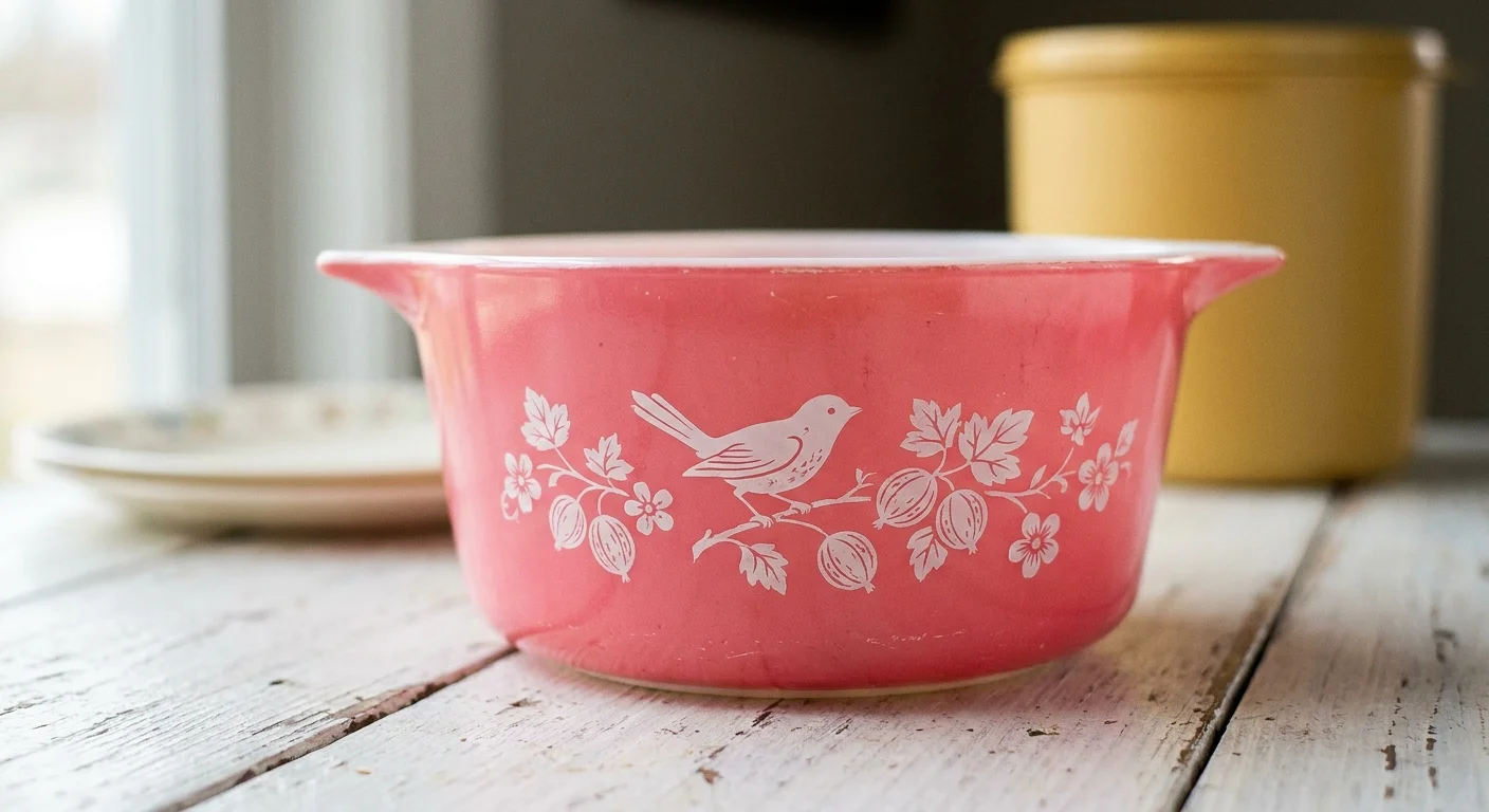 Close-up photo of a pink vintage Pyrex dish with white floral patterns, resting on a white wooden table.