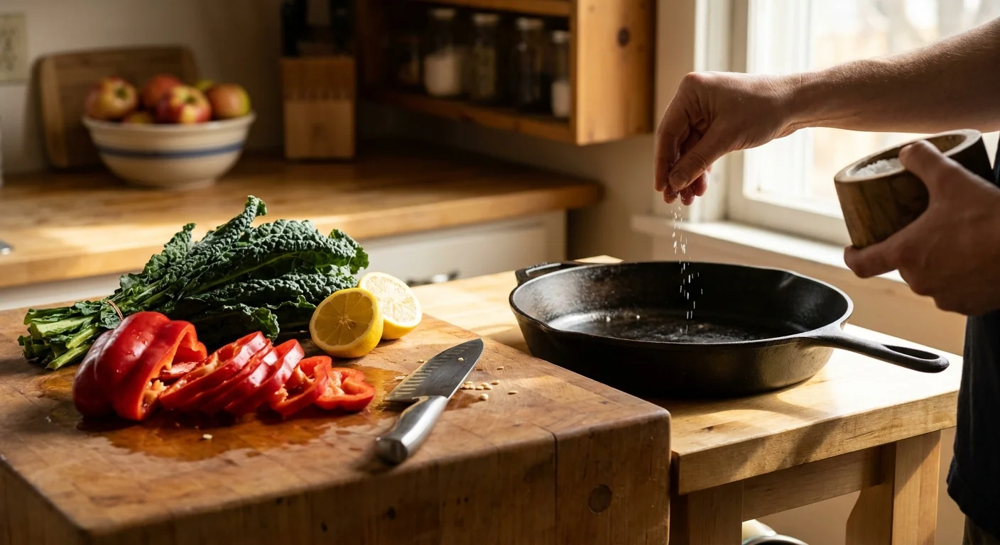 Fresh vegetables and a cast-iron skillet on a kitchen counter, highlighting the shift to home-cooked meals.