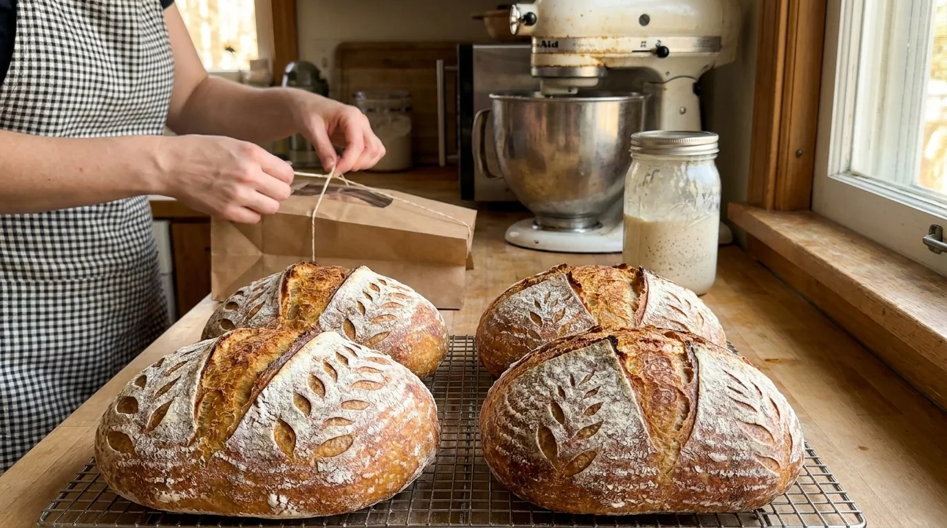 Freshly baked sourdough bread on a cooling rack in a home kitchen, being prepped for sale.