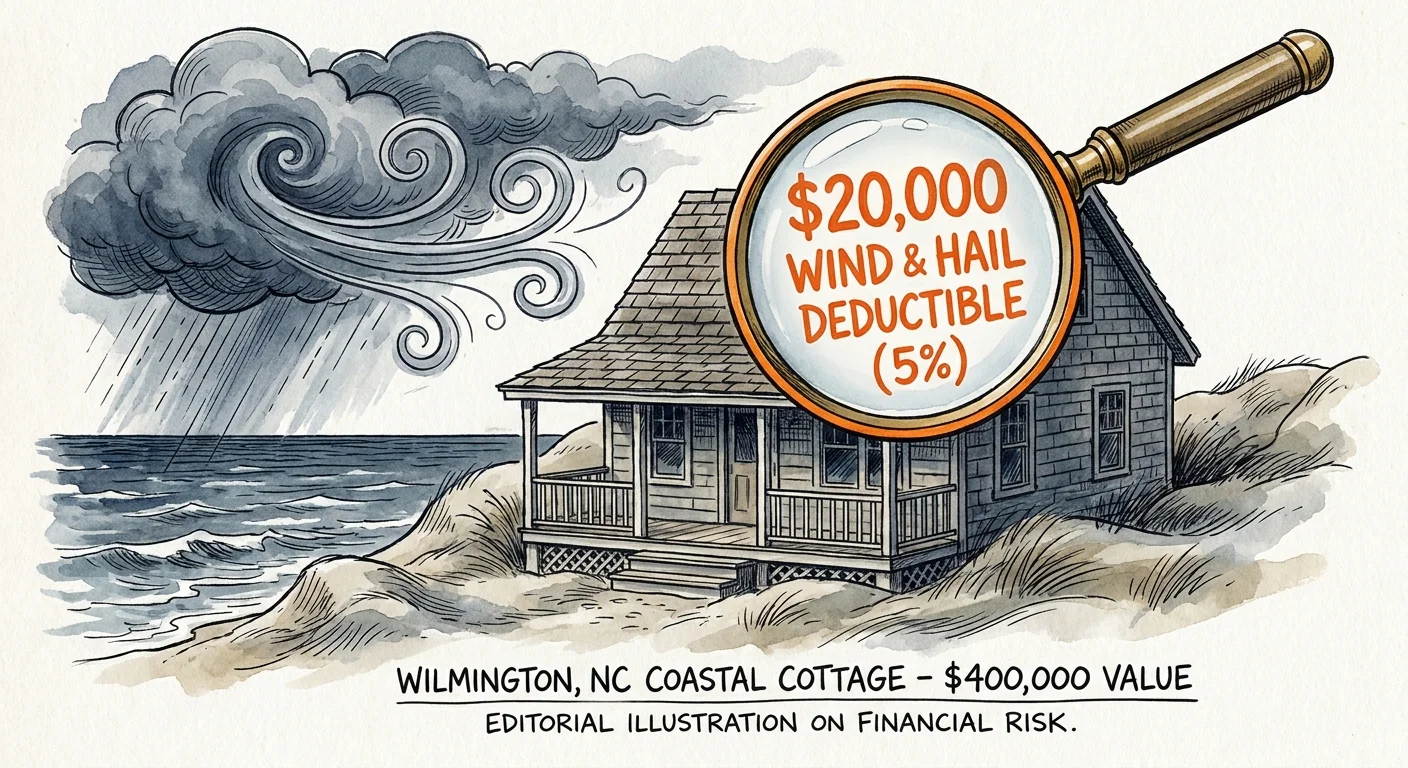 Illustration of a beach house with a magnifying glass highlighting a $20,000 wind deductible.