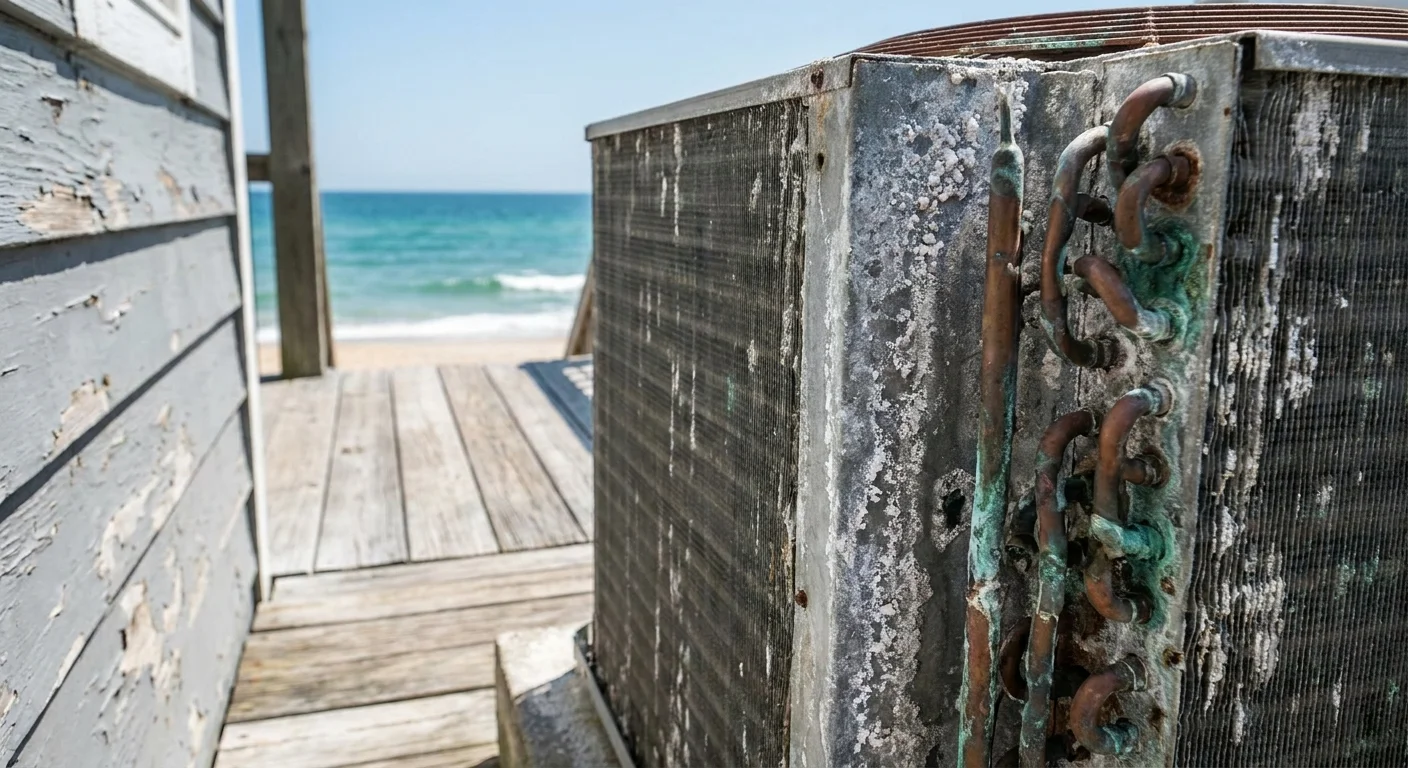 Macro photo of a corroded HVAC unit with salt-damaged fins and copper coils near the ocean.