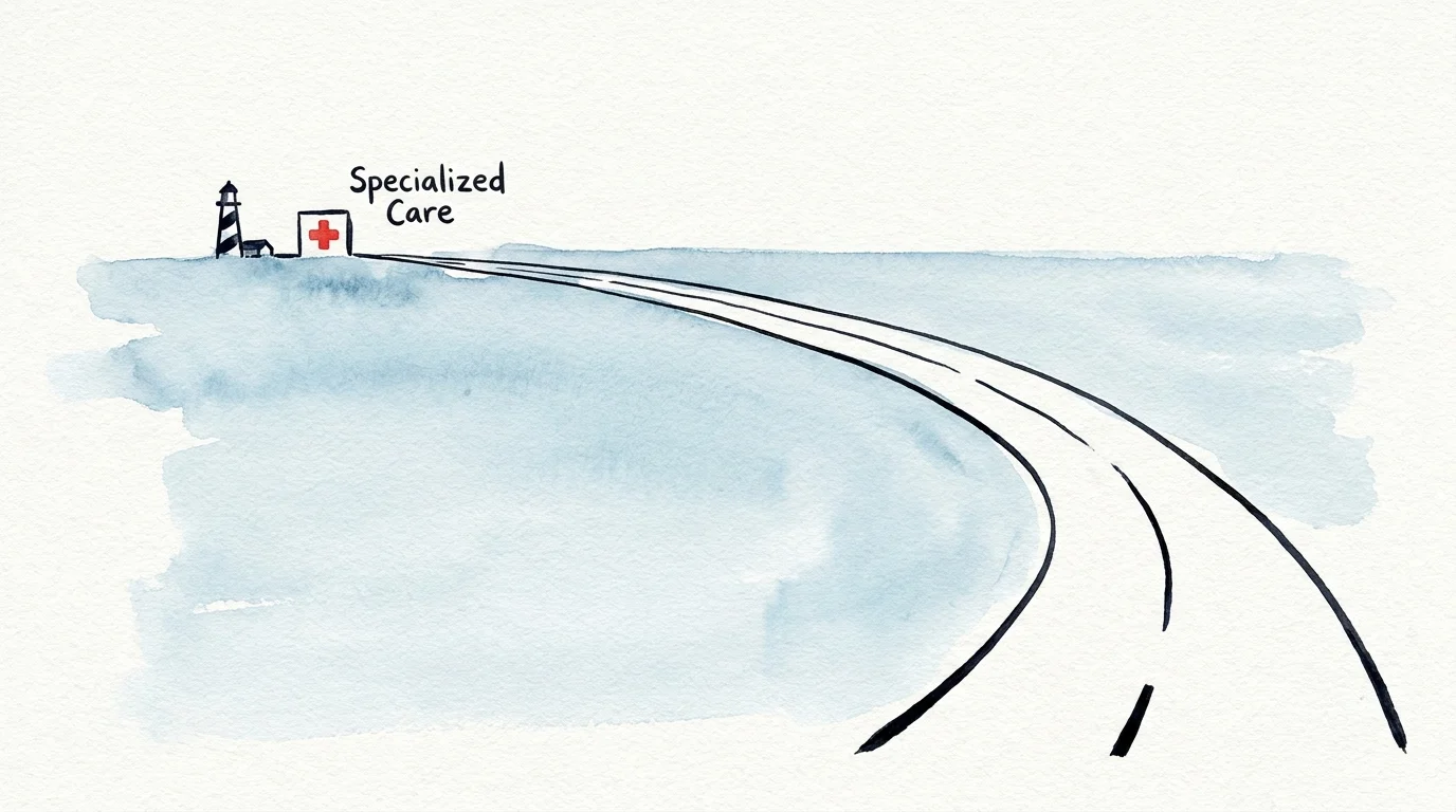 Minimalist illustration of a long, lonely road crossing a bay toward a distant medical facility labeled Specialized Care.