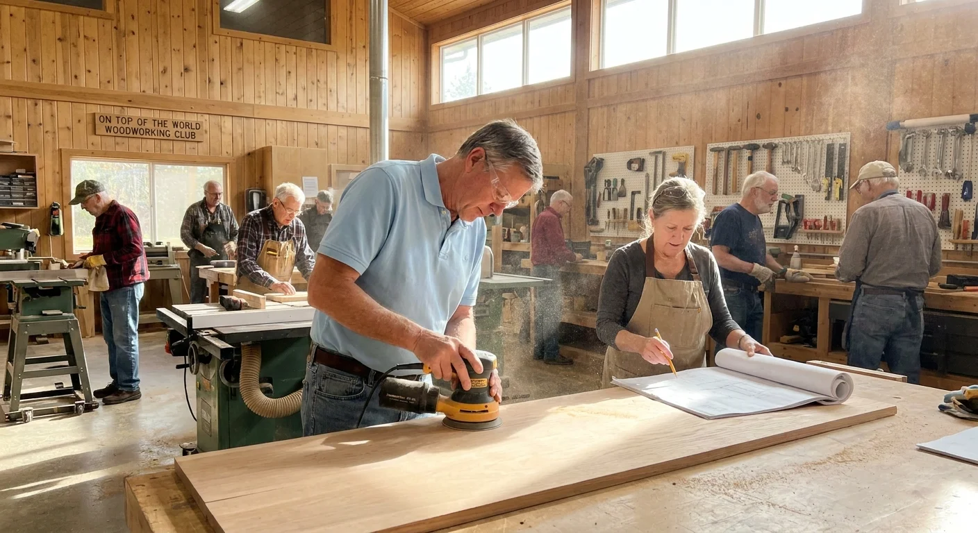 Residents working together in a professional-grade woodworking shop at a retirement community.
