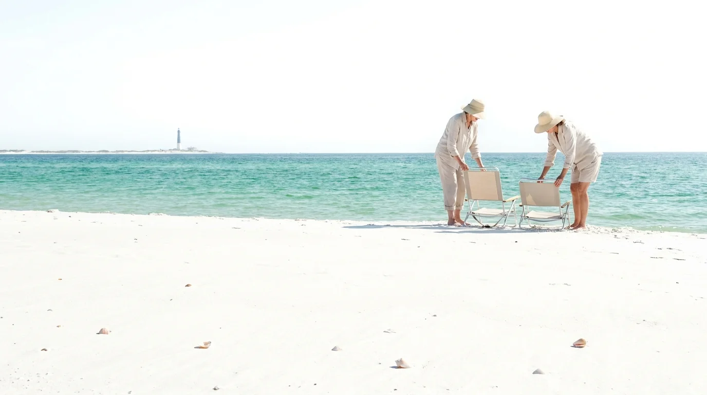 Retirees set up chairs on the famous sugar-white sand beach of Pensacola, Florida, next to emerald green water.