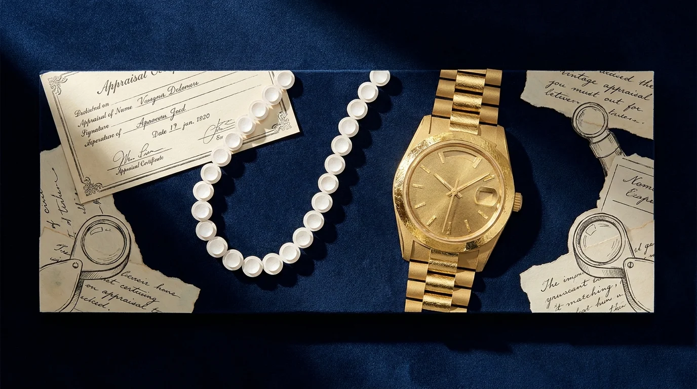 Stylized paper-craft art showing a gold watch and pearls against a dark blue velvet background.