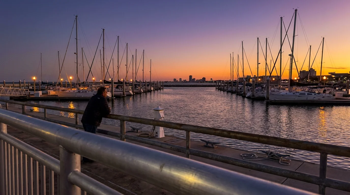 The Corpus Christi marina at sunset, with sailboats moored along the pier under a colorful sky.