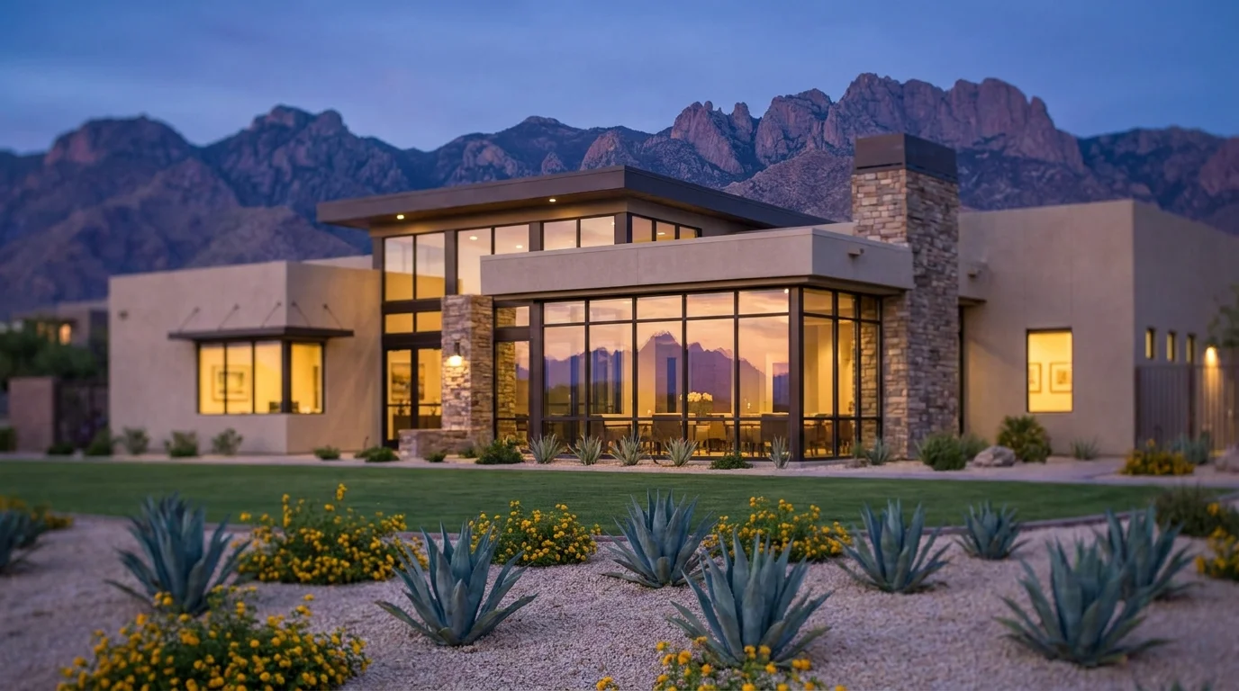 The modern, award-winning clubhouse of Rancho Resort in Arizona, set against a backdrop of desert mountains.