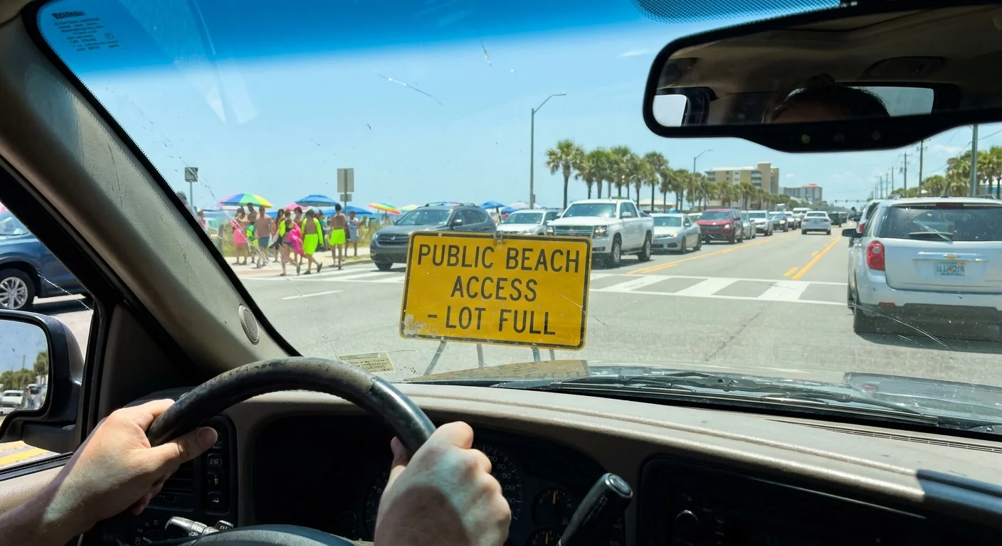 Traffic congestion and a 'Lot Full' sign at a beach access point in Gulf Shores, Alabama.