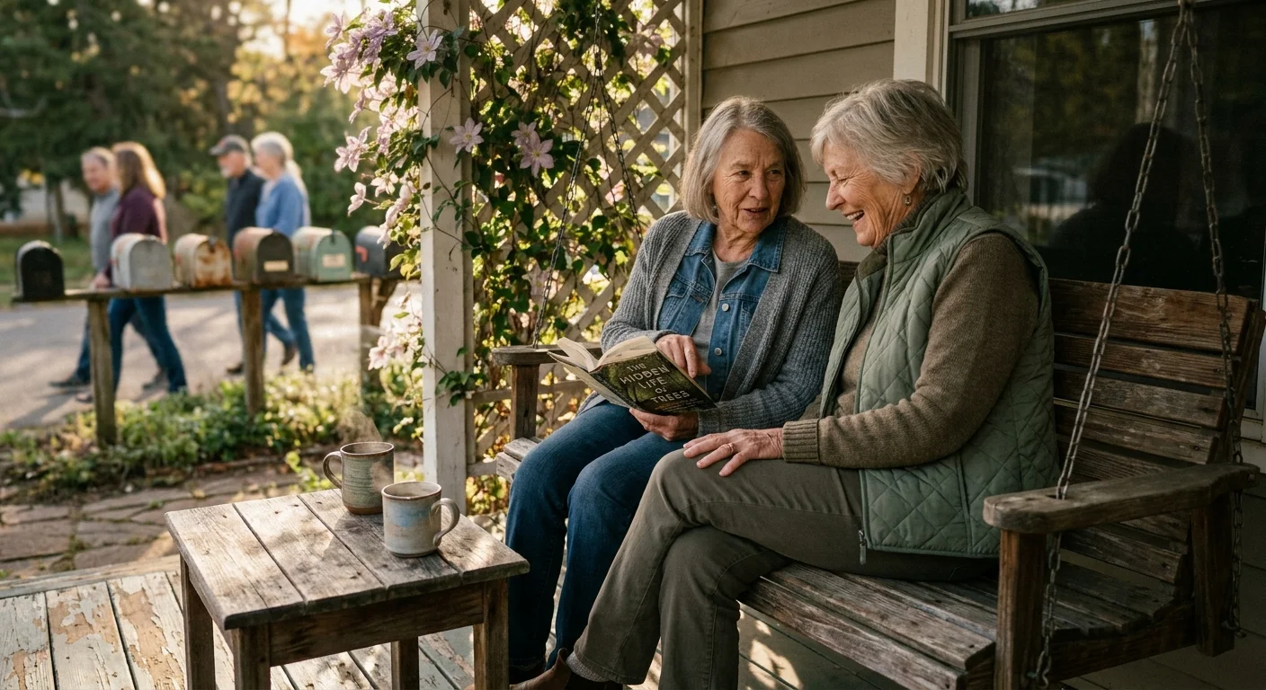 Two senior women in casual clothes sit on a porch swing, engaged in a deep, private conversation over coffee.
