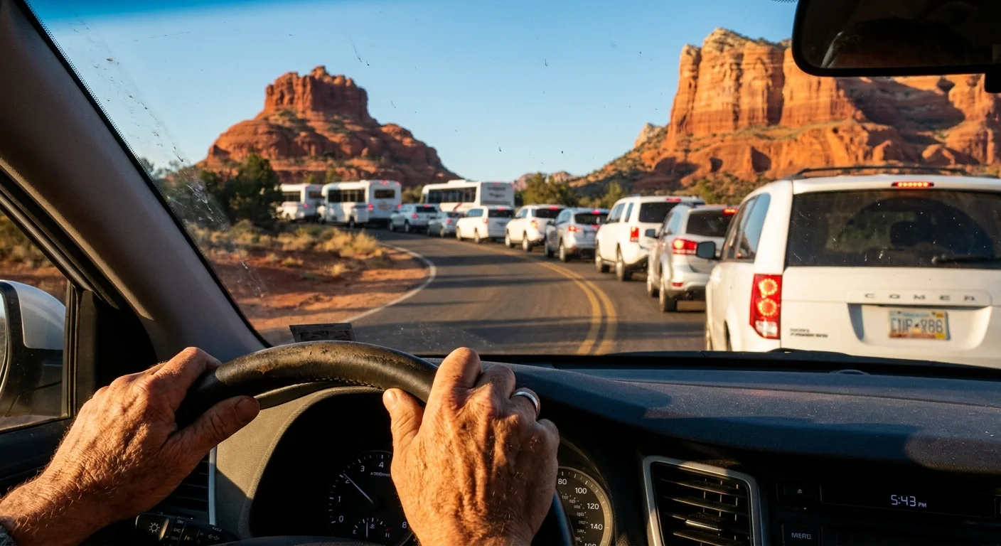 View from a driver's seat showing a long line of traffic on a road leading toward the red rocks of Sedona.