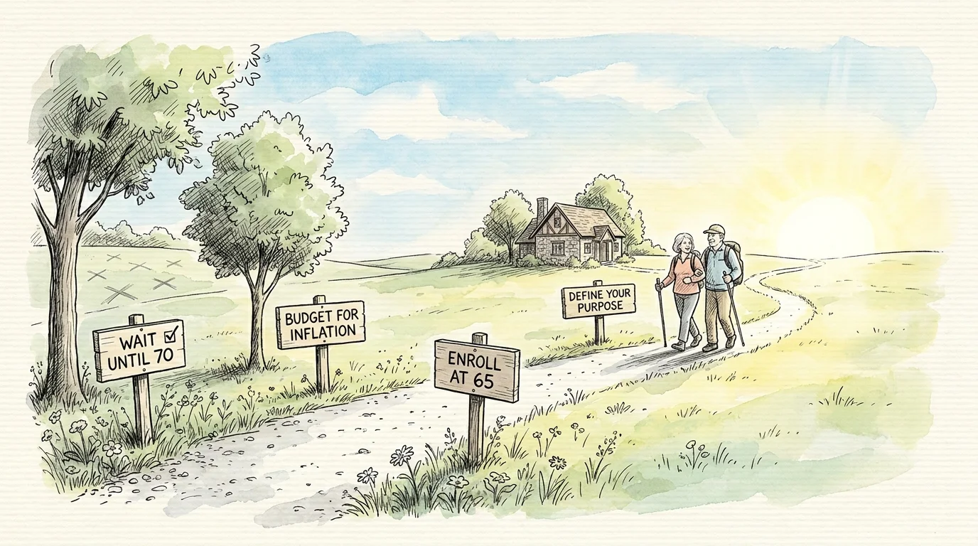 Watercolor illustration of a couple walking a clear path marked with positive retirement milestones like 'Budget for Inflation'.