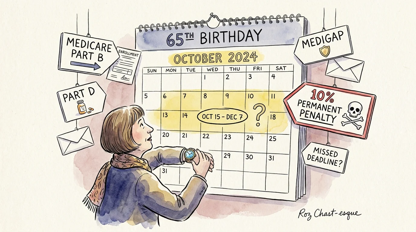 Watercolor illustration of a woman navigating Medicare deadlines on a large calendar with signs for Part B and Part D penalties.