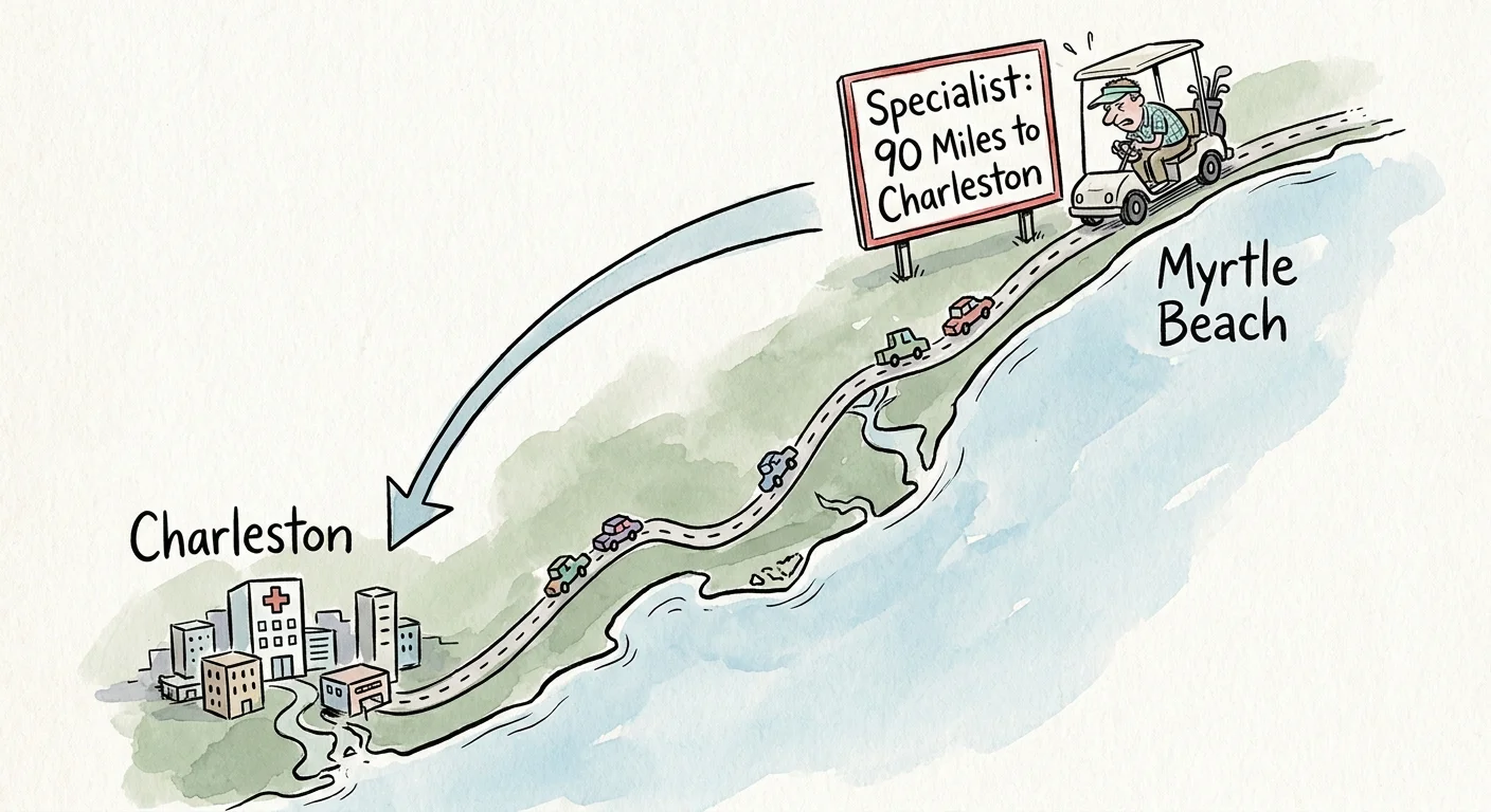 Watercolor map showing the long distance between Myrtle Beach and medical specialists in Charleston.