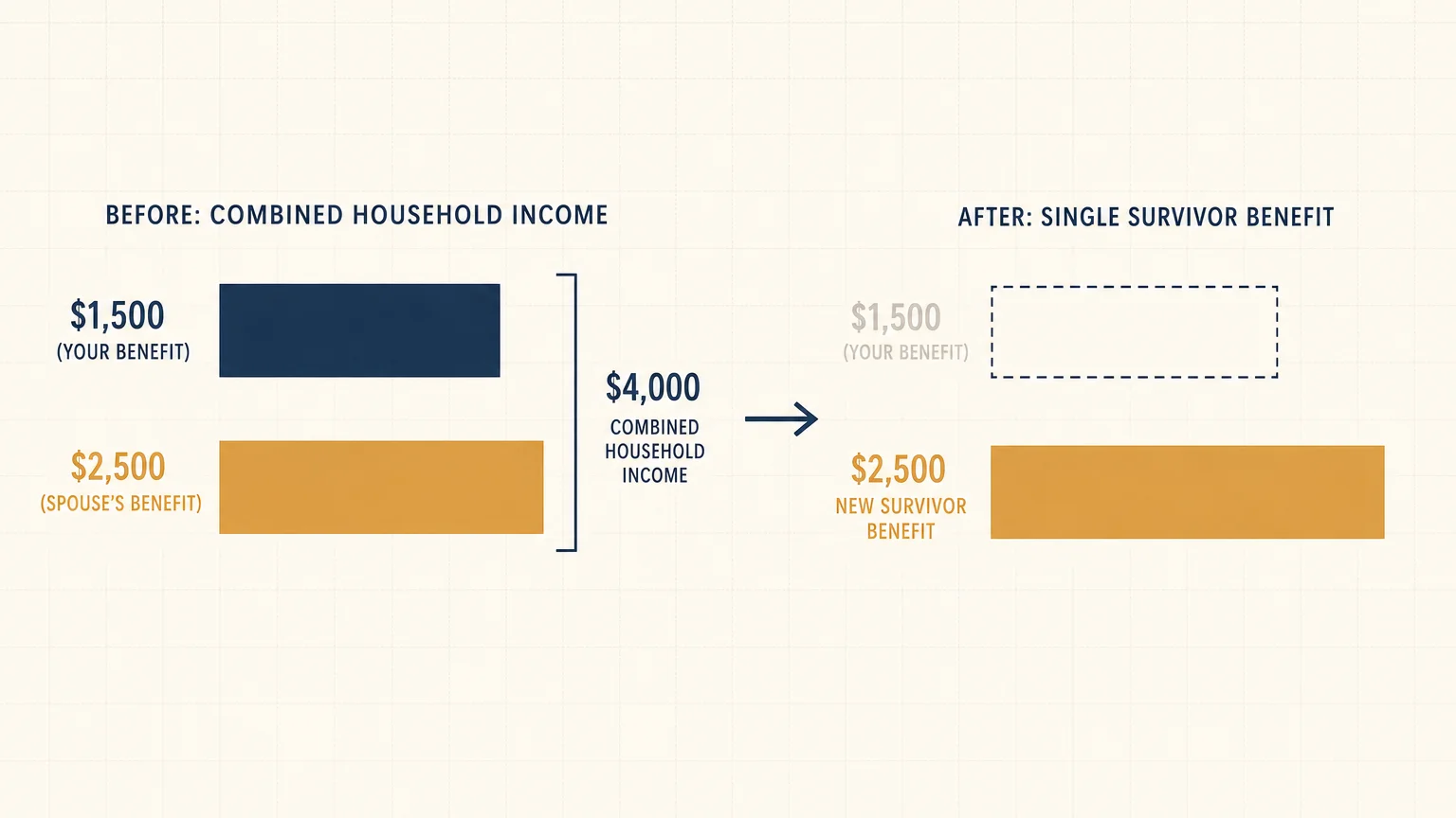 A clean financial diagram showing how a $4,000 combined household income drops to a single $2,500 survivor benefit.