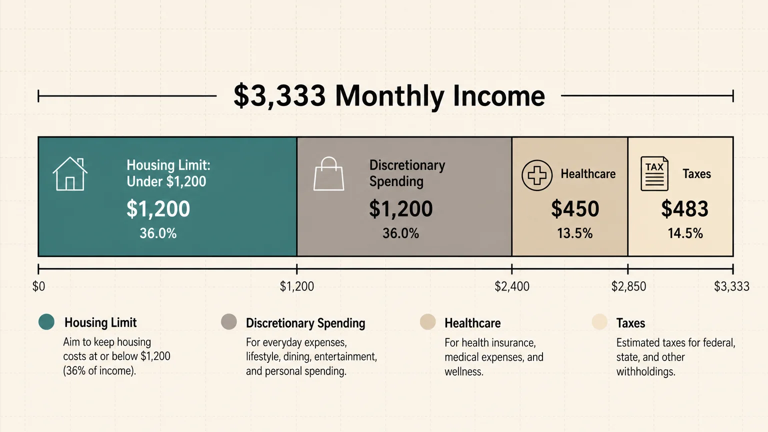 A clean horizontal budget diagram showing a monthly income of $3,333 with housing capped under $1,200.