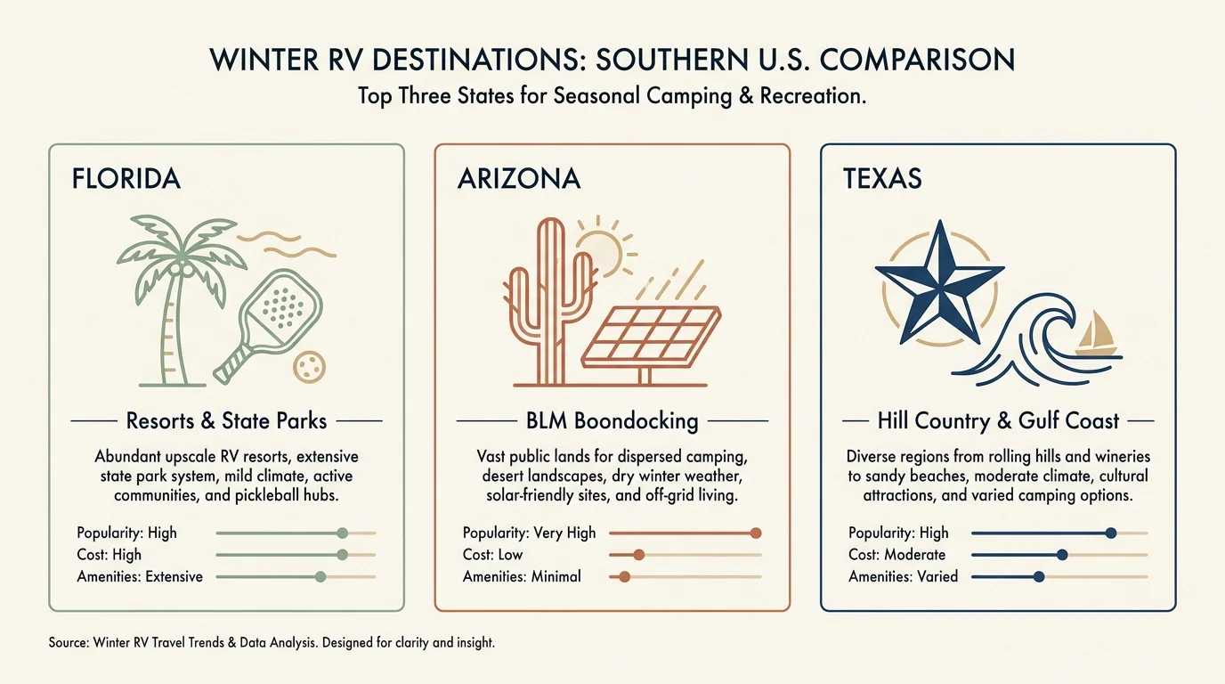 A clean infographic comparing the winter RV appeals of Florida, Arizona, and Texas with minimalist icons and labels.