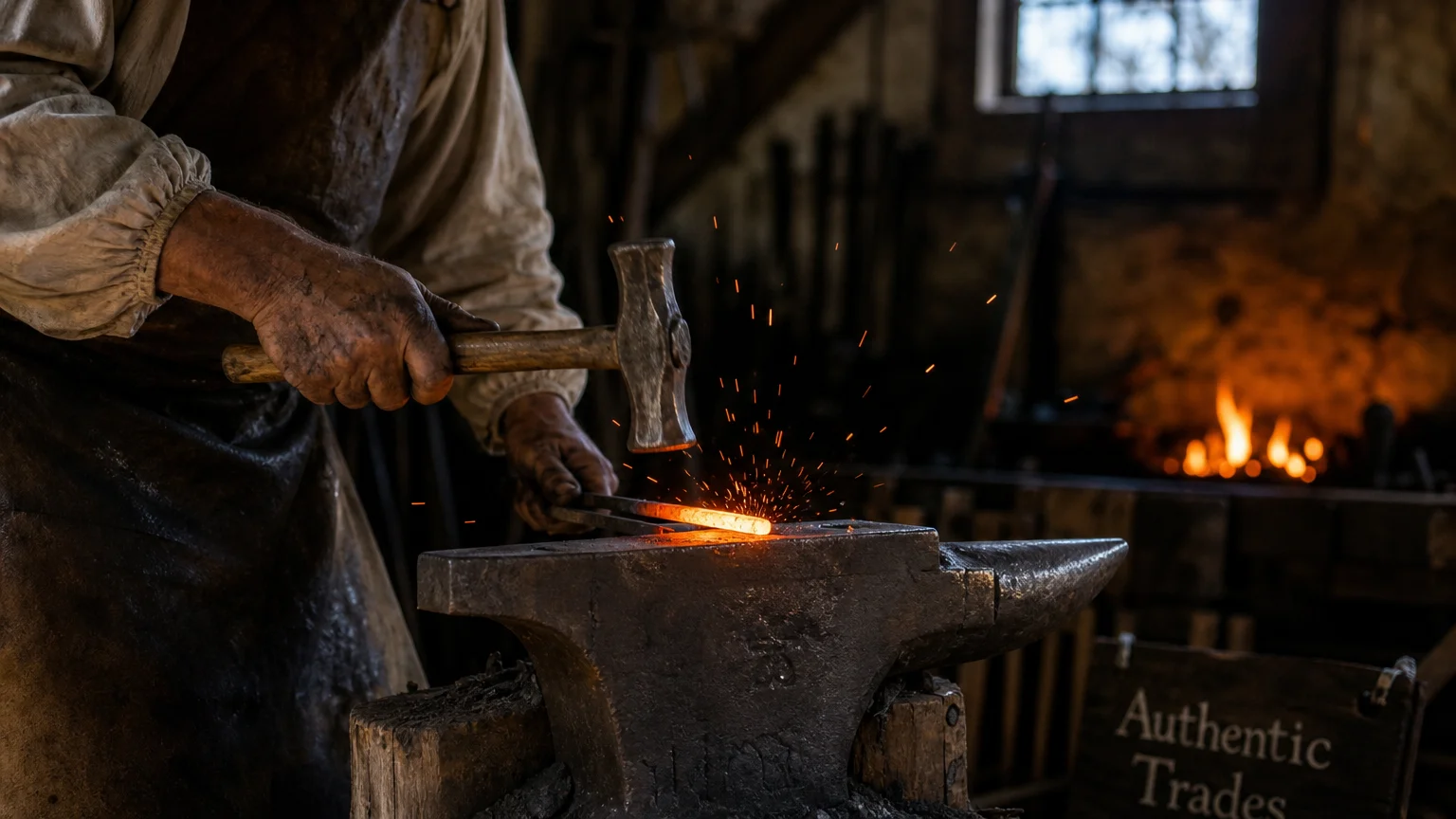A close-up of a blacksmith's hands working with glowing hot iron on an anvil in a historic Williamsburg shop.