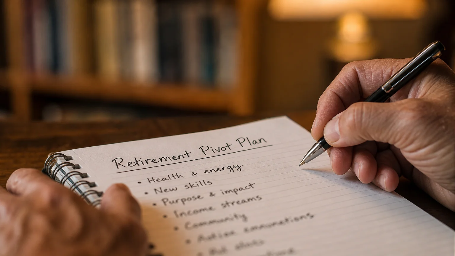 A close-up of hands writing a 'Retirement Pivot Plan' in a notebook, symbolizing taking control of one's future.