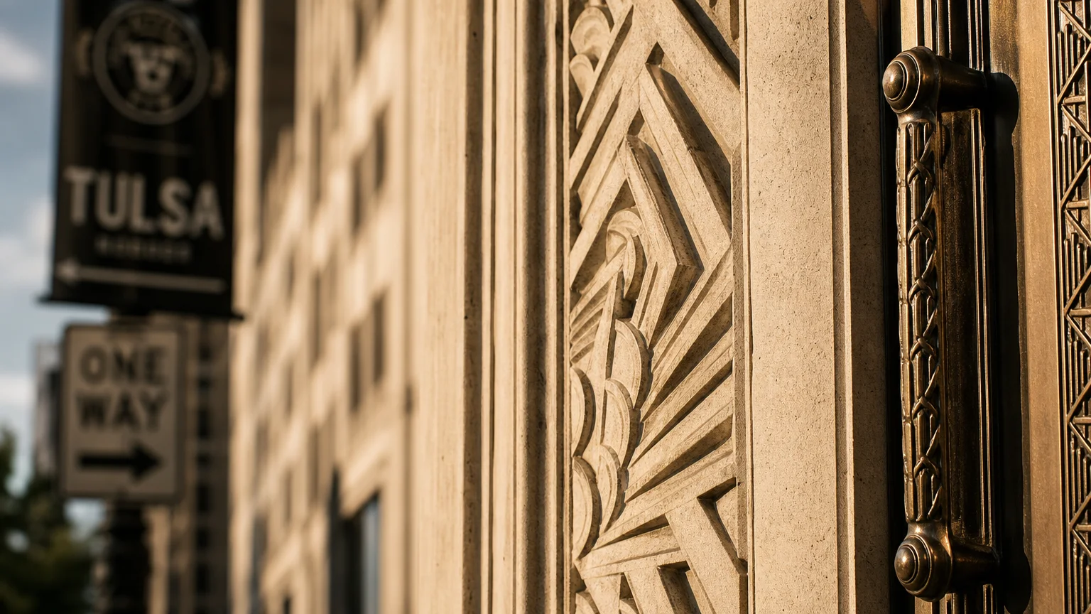 A close-up photograph of golden Art Deco architectural details on a building in Tulsa, Oklahoma.