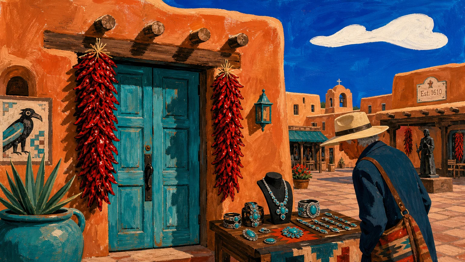 A colorful gouache illustration of Santa Fe adobe architecture with turquoise doors and red chili ristras.