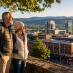 A couple in casual outdoor clothing overlooking a scenic, walkable city nestled in the hills during golden hour.