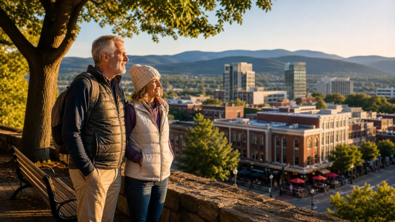 A couple in casual outdoor clothing overlooking a scenic, walkable city nestled in the hills during golden hour.