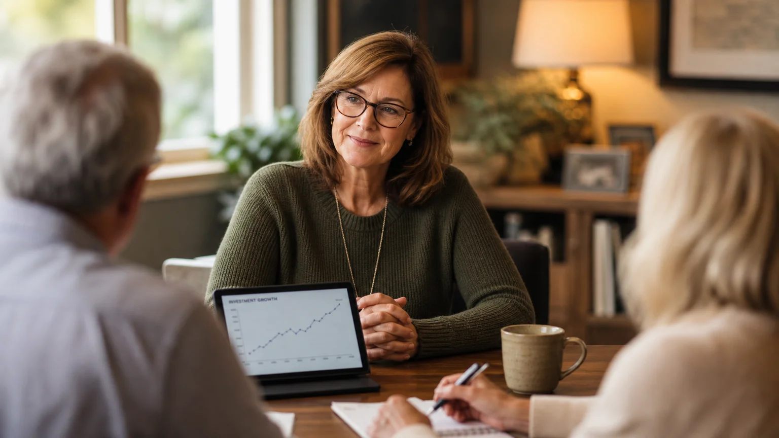 A friendly female financial advisor in a comfortable office listening to an older couple during a personal consultation.