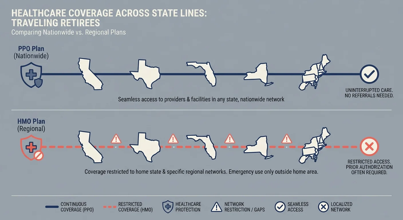 A healthcare diagram comparing nationwide PPO coverage with regional HMO networks across state boundaries.