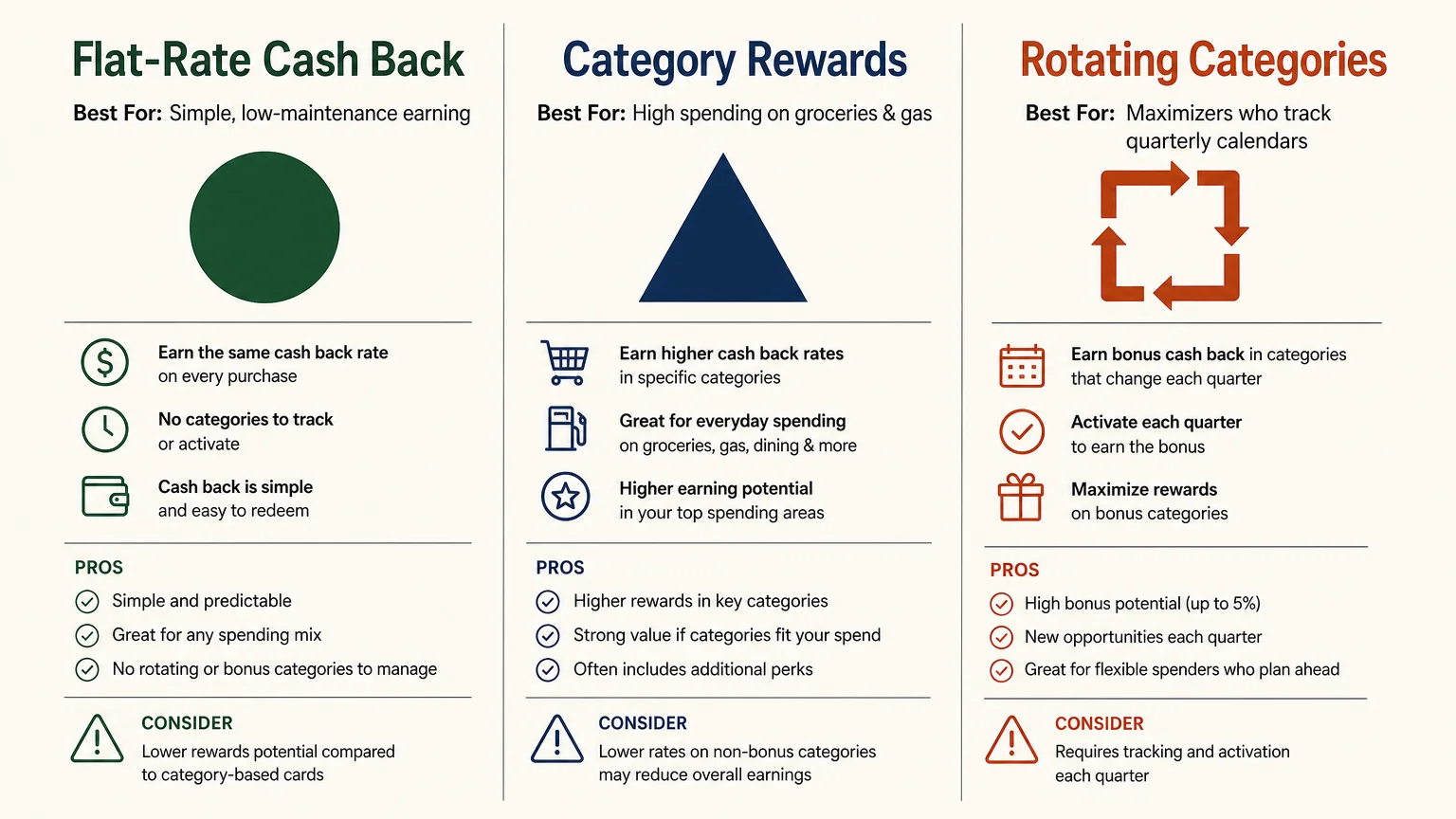 A horizontal three-column infographic comparing Flat-Rate, Category Rewards, and Rotating Categories credit card strategies.