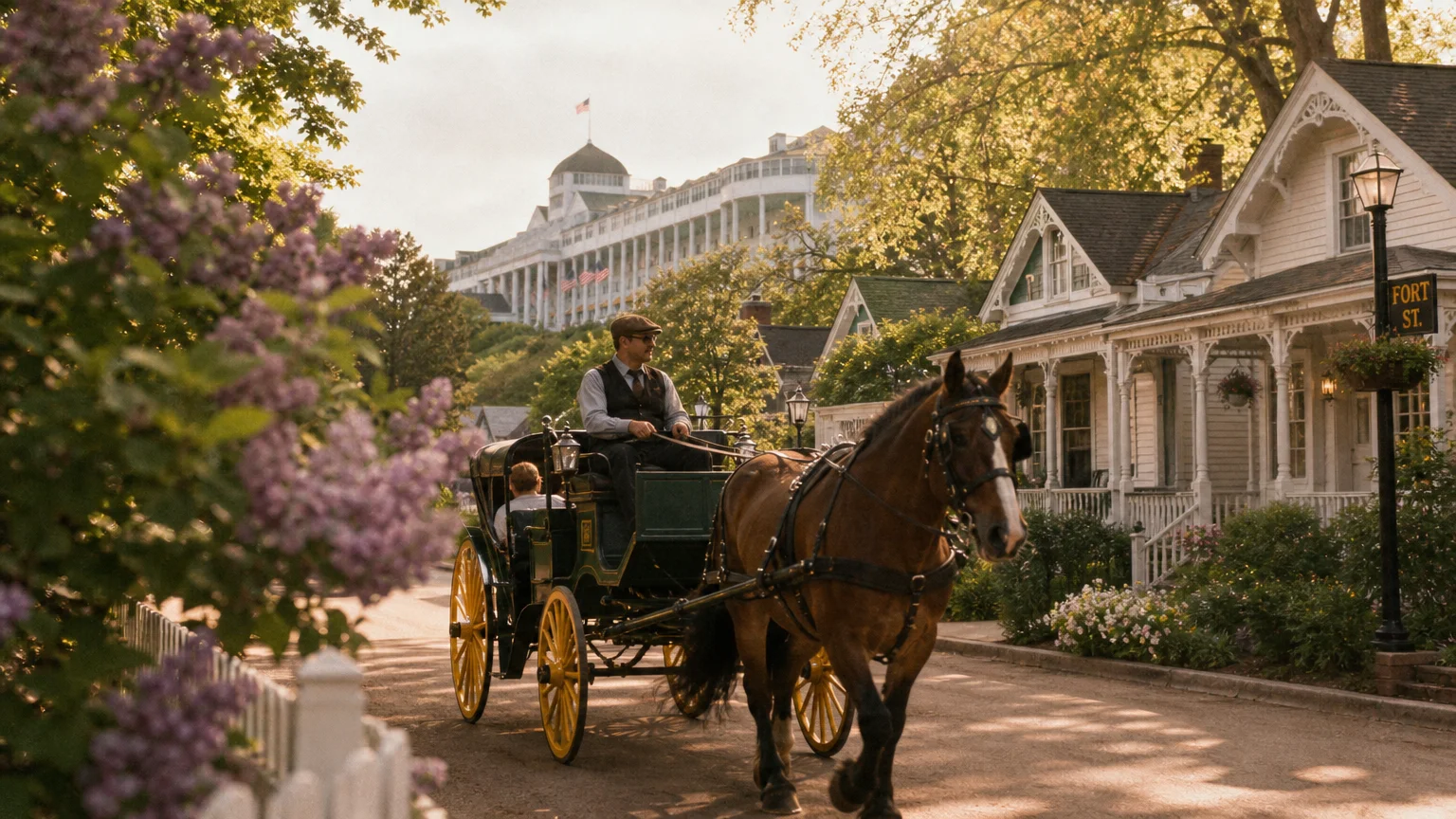 A horse-drawn carriage traveling past Victorian houses on Mackinac Island with the Grand Hotel in the background.