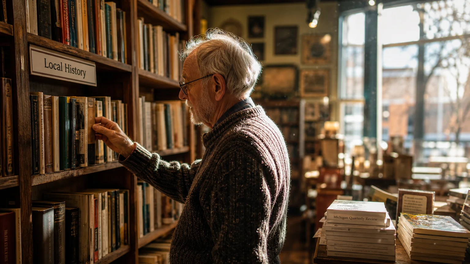 A man browsing the shelves of a sun-filled independent bookstore in Ann Arbor, Michigan.