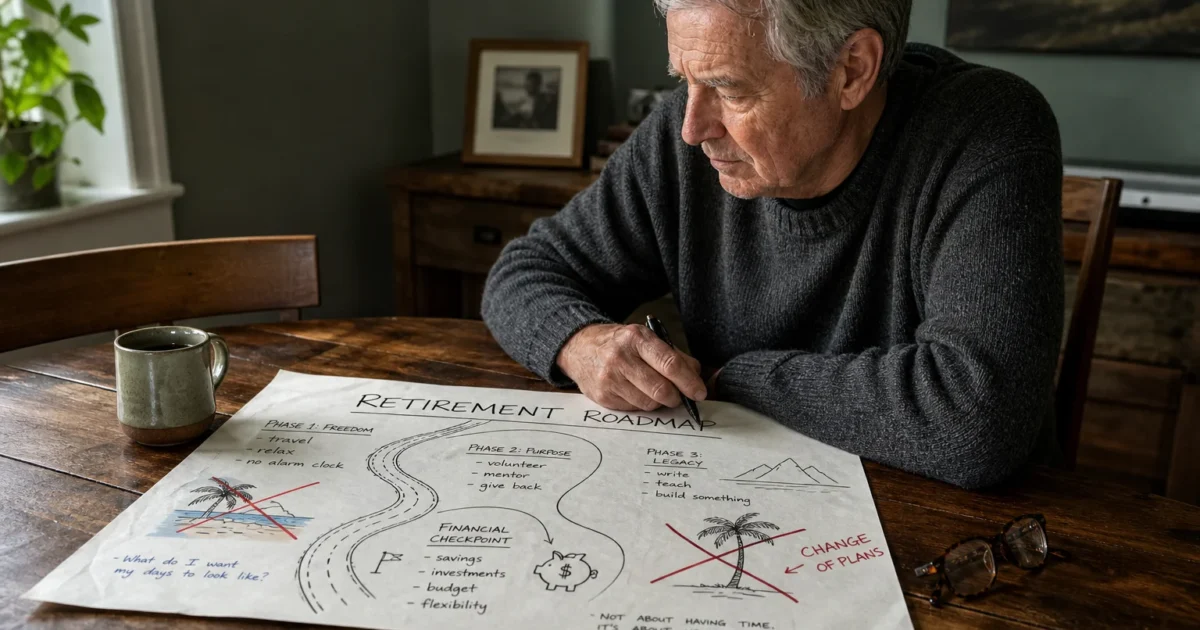 A man in his 60s thoughtfully reviews a hand-drawn retirement map at his kitchen table, with red marks showing adjustments to his plans.