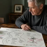 A man in his 60s thoughtfully reviews a hand-drawn retirement map at his kitchen table, with red marks showing adjustments to his plans.