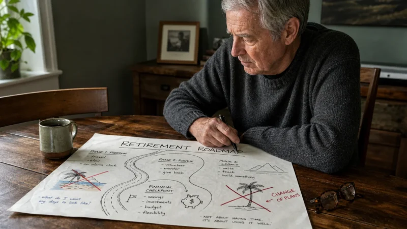 A man in his 60s thoughtfully reviews a hand-drawn retirement map at his kitchen table, with red marks showing adjustments to his plans.