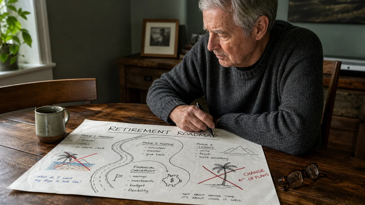 A man in his 60s thoughtfully reviews a hand-drawn retirement map at his kitchen table, with red marks showing adjustments to his plans.