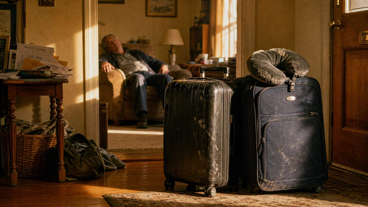 A pair of suitcases in a hallway with an exhausted man resting on a sofa in the background.