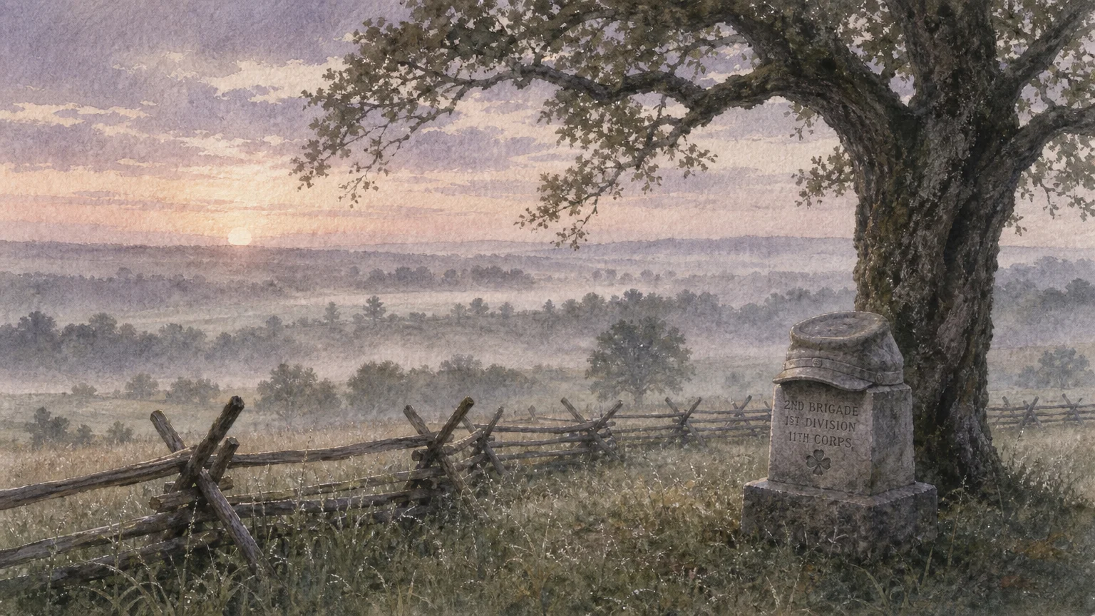 A peaceful watercolor painting of the Gettysburg battlefield with a split-rail fence and a stone monument in the mist.