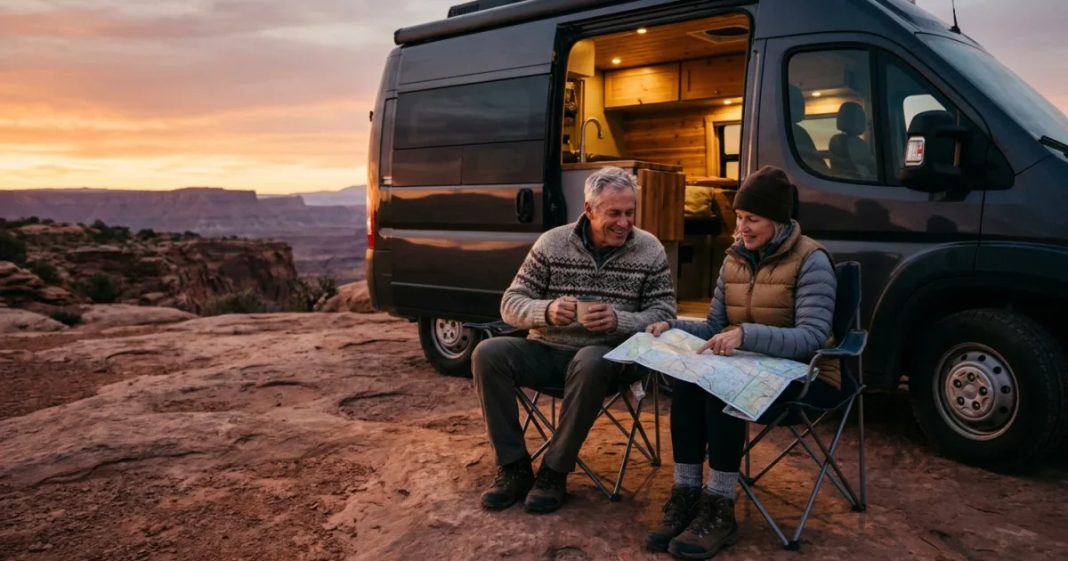 A retired couple relaxes in camp chairs outside their camper van on a red-rock overlook in Utah during a warm sunset.