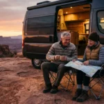 A retired couple relaxes in camp chairs outside their camper van on a red-rock overlook in Utah during a warm sunset.