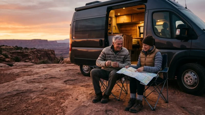A retired couple relaxes in camp chairs outside their camper van on a red-rock overlook in Utah during a warm sunset.