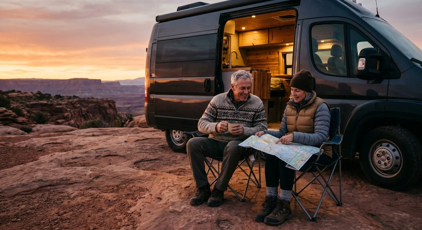 A retired couple relaxes in camp chairs outside their camper van on a red-rock overlook in Utah during a warm sunset.