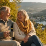 A retired couple sitting on a bench by a scenic lake in a mountain valley town during golden hour.