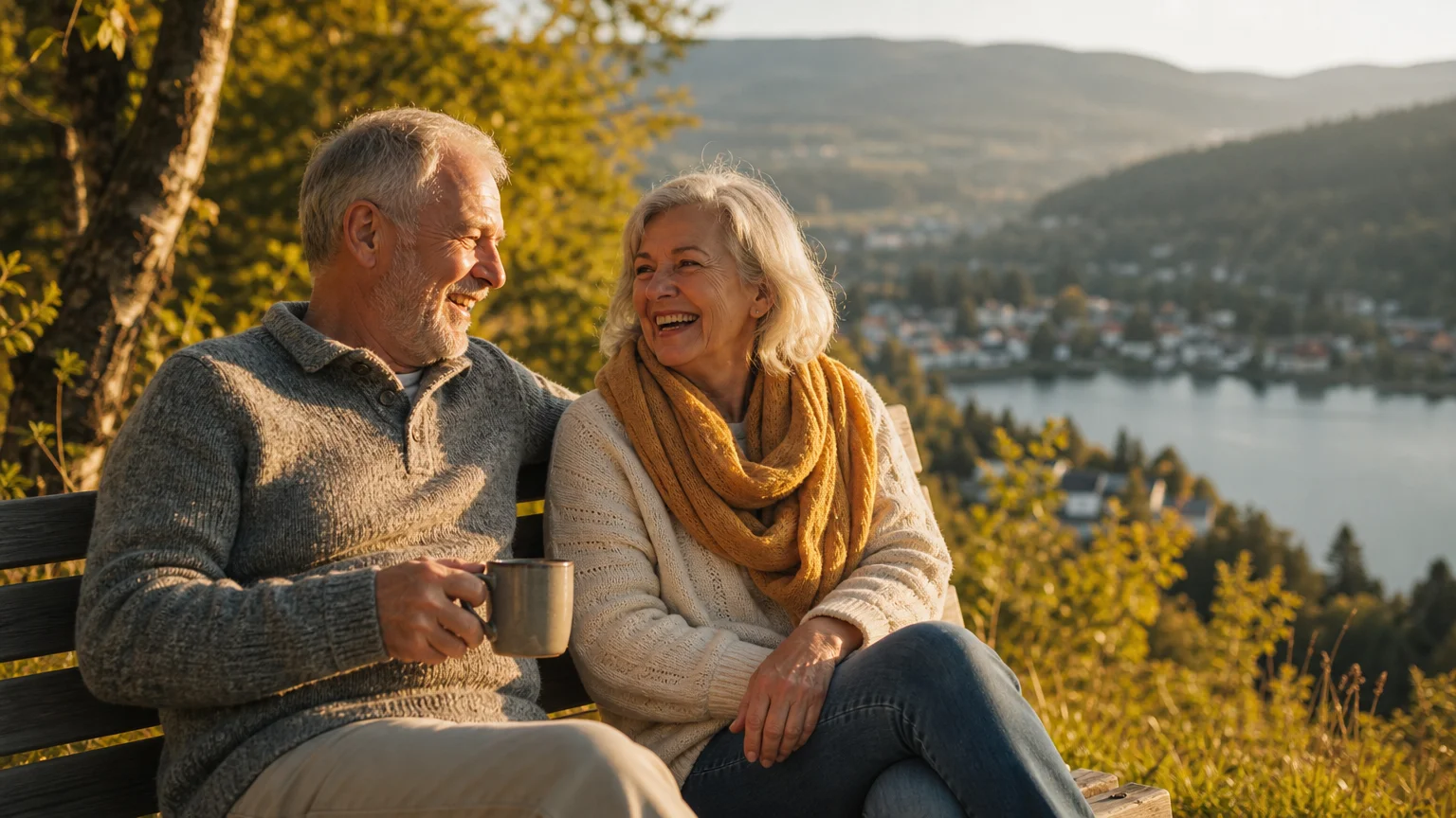 A retired couple sitting on a bench by a scenic lake in a mountain valley town during golden hour.