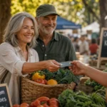 A retired couple smiling as they pay for fresh vegetables with a cash back credit card at a sunny outdoor farmers' market.